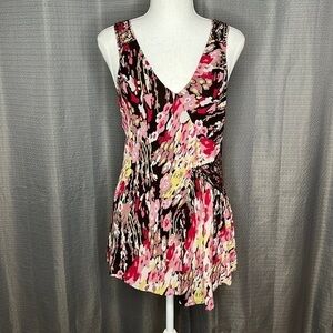 IDEOLOGY SMALL BROWN AND PINK SLEEVELESS SILK BLOUSE WITH HANDKERCHIEF HEM